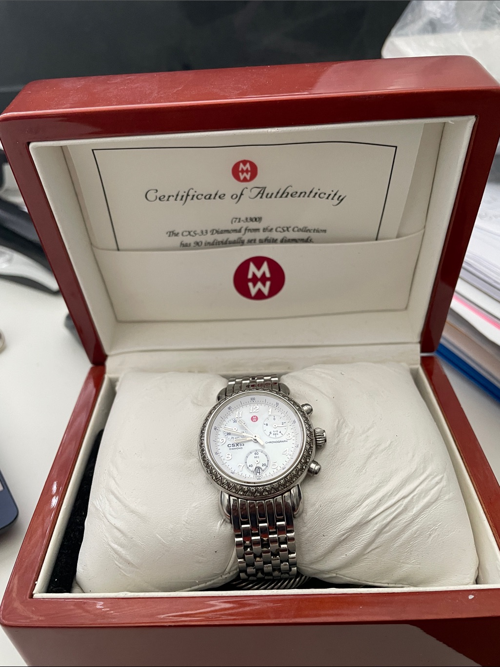 Mw Womens Stainless Steel Chronograph Watch With White Diamond Dial
